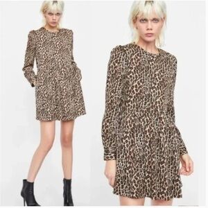 Zara Leopard Print Long Sleeve Babydoll Dress. Size S. NWT